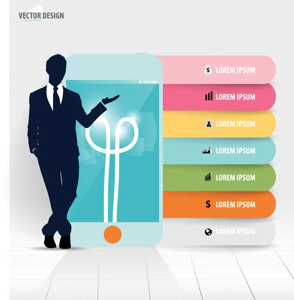 Infografische Design-Vorlage. Geschäftsmann zeigt Touchscreen — Stockvektor