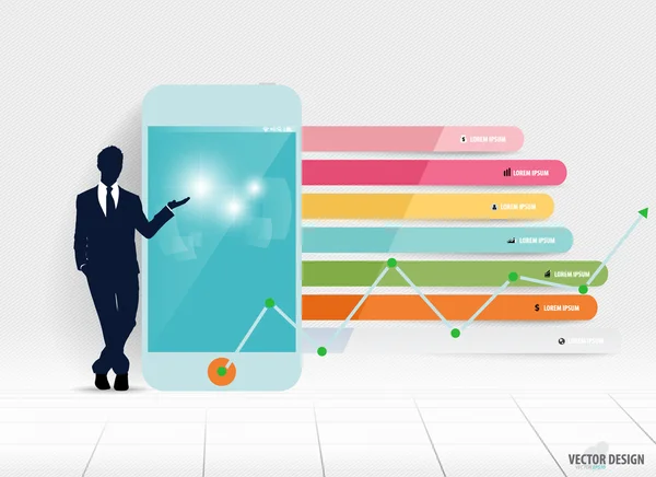 Modello di progettazione infografica. Uomo d'affari che mostra touchscreen dev — Vettoriale Stock