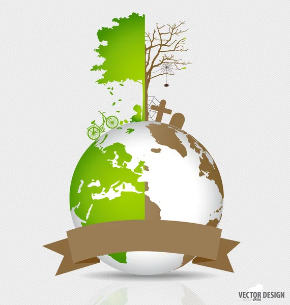 De wereld, boom op een ontboste globe en groene wereld redden. Vect — Stockvector