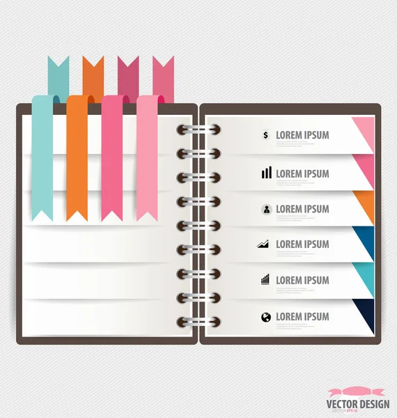 Plantilla de diseño moderno de cuaderno en espiral con cintas, infograp — Vector de stock