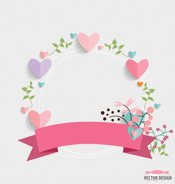 Ramos florales con cinta y corazones, ilustración vectorial . — Vector de stock