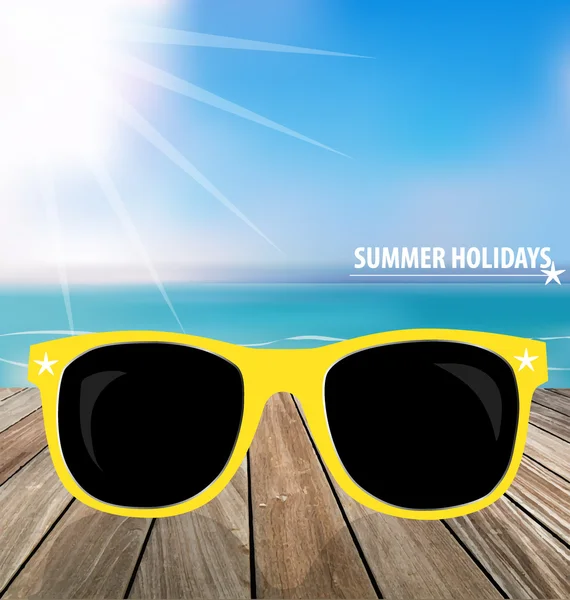夏の休日の背景。木製のテラスの sunglassess。私はベクトルします。 — ストックベクタ