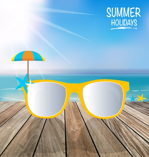 夏の休日の背景。木製のテラスの sunglassess。私はベクトルします。 — ストックベクタ