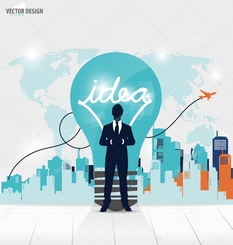 Business people silhouettes and light bulb as inspiration concep