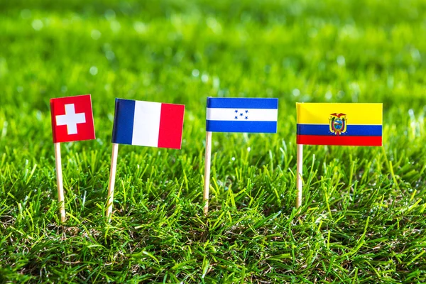 Corte de papel de banderas en el césped para el campeonato de fútbol 2014, grupo — Foto de Stock