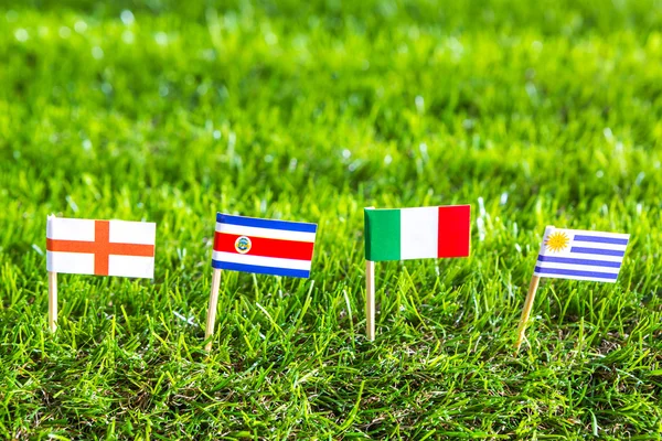 Corte de papel de banderas en el césped para el campeonato de fútbol 2014, grupo — Foto de Stock