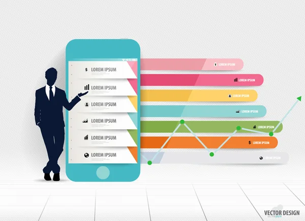 Modelo de design infográfico. Empresário mostrando touchscreen dev — Vetor de Stock