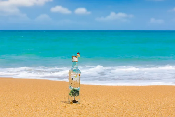 Bottiglia con albero e farfalla dentro su una spiaggia — Foto Stock