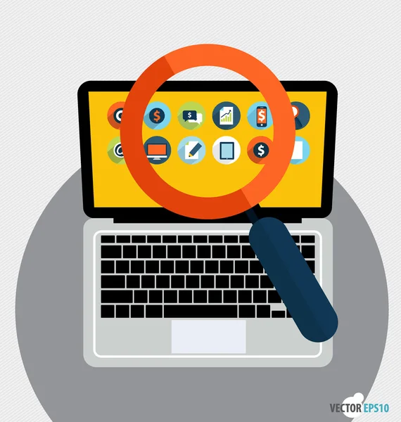 Laptop and magnifying glass with application icon. Vector illust — Stock Vector