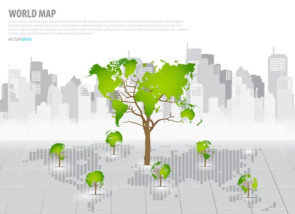 Concepto de economía verde: Mapa del mundo en forma de árbol con la construcción de nuevo — Vector de stock