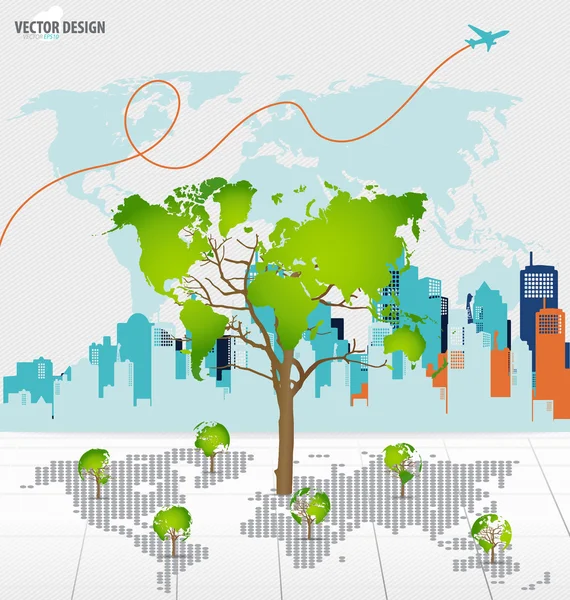 Mapa do mundo em forma de árvore com fundo de construção. Vector ilustrat — Vetor de Stock