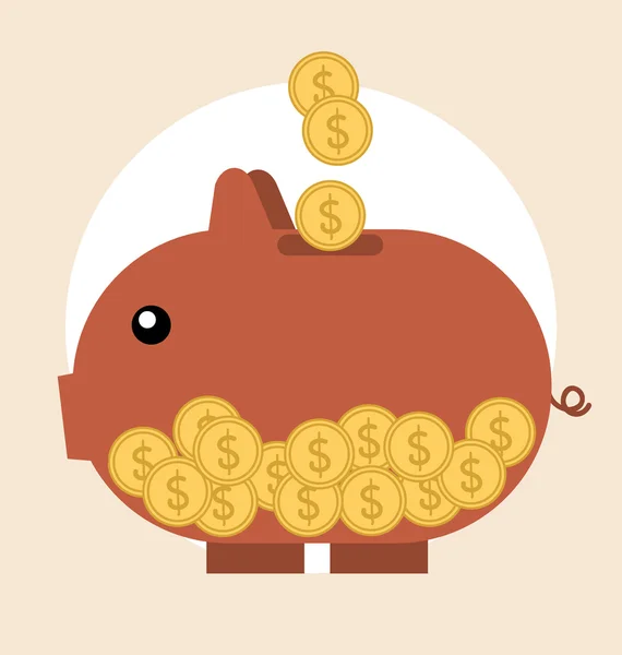 Piggy bank dengan koin di atasnya. Modern Flat design vector illustra - Stok Vektor