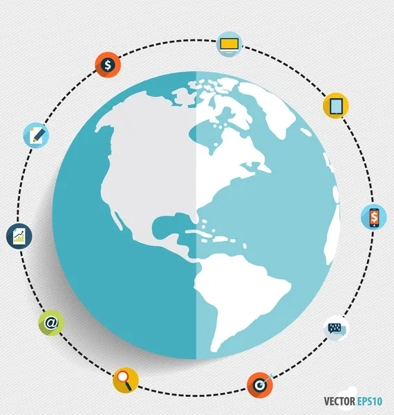 Moderner Globus mit Anwendungs-Icons, Business-Arbeitselementen — Stockvektor