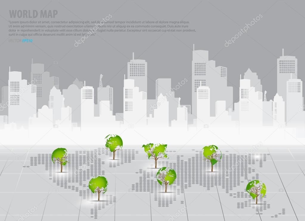 Green economy concept : Tree shaped world map with building back