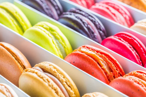 French colorful macarons in a rows — Stock Photo, Image