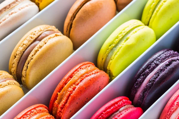 French colorful macarons in a rows — Stock Photo, Image