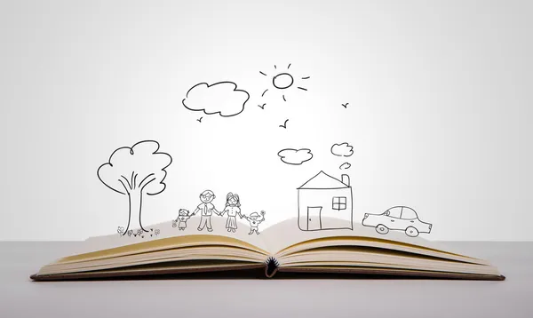 Dibuja a mano en libro abierto de familia encantadora — Foto de Stock