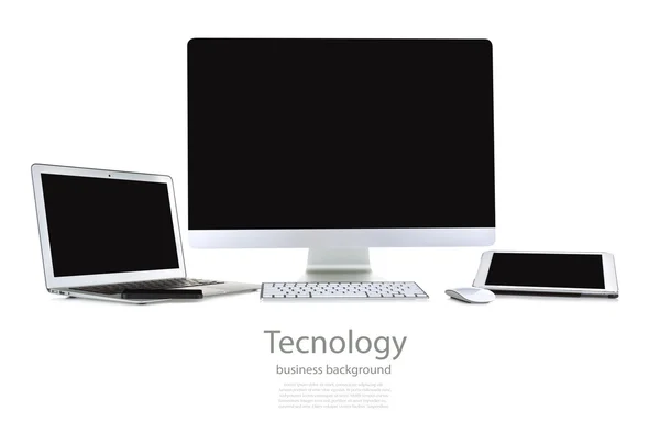 Számítógép, laptop, tablet, szúró telefon asztal — Stock Fotó