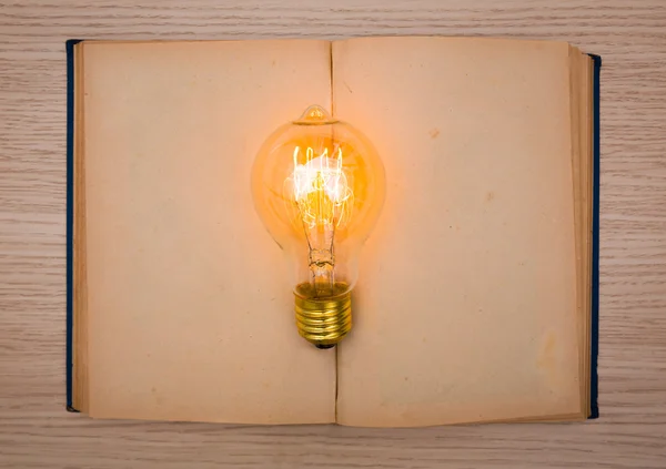 Libro vintage y bombilla en la mesa de madera — Foto de Stock