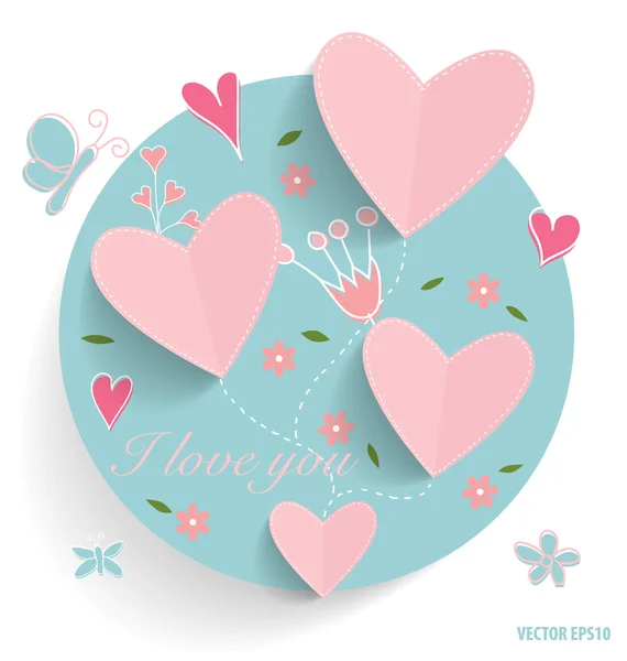 Carino biglietto con cuore e mazzi di fiori, illustrazione vettoriale . — Vettoriale Stock