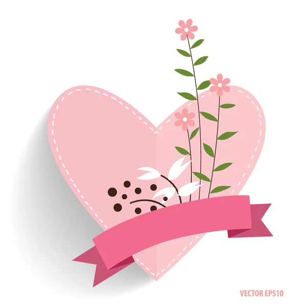 Linda tarjeta con cinta, corazón y ramos florales, vector illustr — Vector de stock