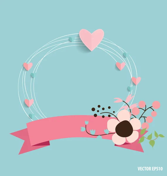 Linda tarjeta con cinta, corazón y ramos florales, vector illustr — Vector de stock