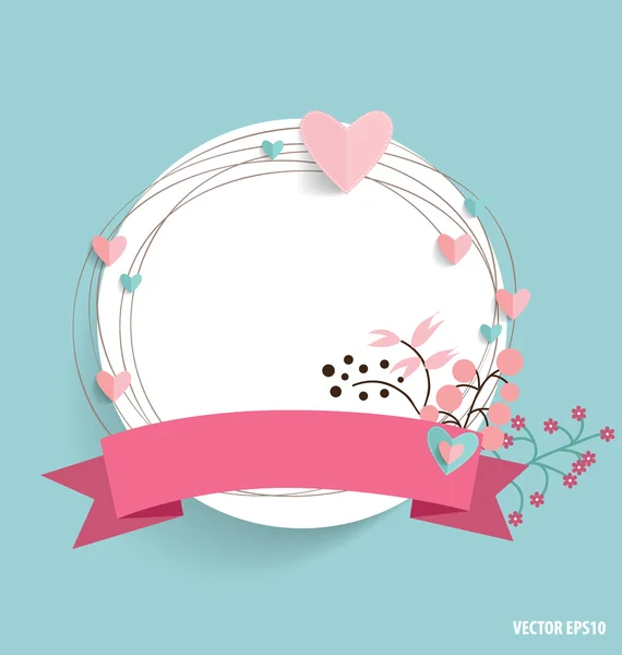 Carte mignonne avec ruban, coeur et bouquets floraux, vecteur illustr — Image vectorielle