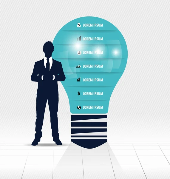 Empresário mostrando lâmpada com modelo de design infográfico . — Vetor de Stock