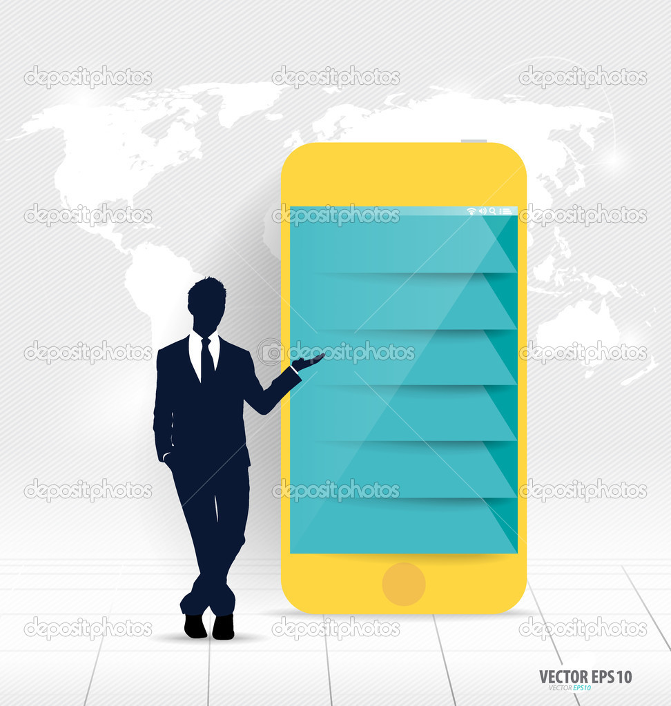 Businessman showing touchscreen device with Infographic design t