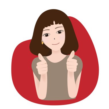 Gülümseyen güzel kadın baş parmağını kaldırıyor. Vücut dili. Hoşuma gitti. İyi iş çıkardın. Vektör illüstrasyonu