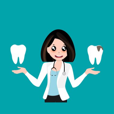 Diş hekimi ve insan dişleri. Diş bakımı geçmişi. Vektör illüstrasyonu.