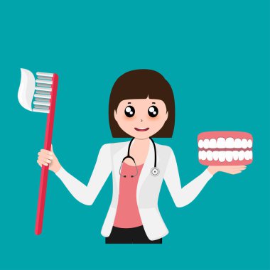 Çizgi film dişçisi diş fırçasını tut. Diş fırçalamak. Diş bakımı konsepti. Ağız temizliği. Vektör illüstrasyonu