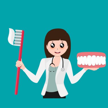 Çizgi film dişçisi diş fırçasını tut. Diş fırçalamak. Diş bakımı konsepti. Ağız temizliği. Vektör illüstrasyonu