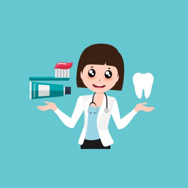 Çizgi film dişçisi ve diş fırçası. Diş fırçalamak. Diş bakımı konsepti. Ağız temizliği. Vektör illüstrasyonu