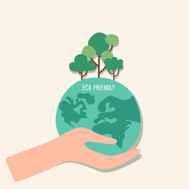 Arkadaşça ECO. Green Eco Earth ve Trees ile ekoloji konsepti. Vektör illüstrasyonu