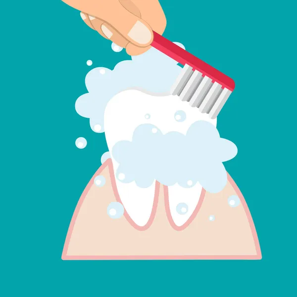 Tanden Poetsen Tandenborstel Hand Man Tandheelkundige Zorg Concept Tandpasta Belletjes — Stockvector
