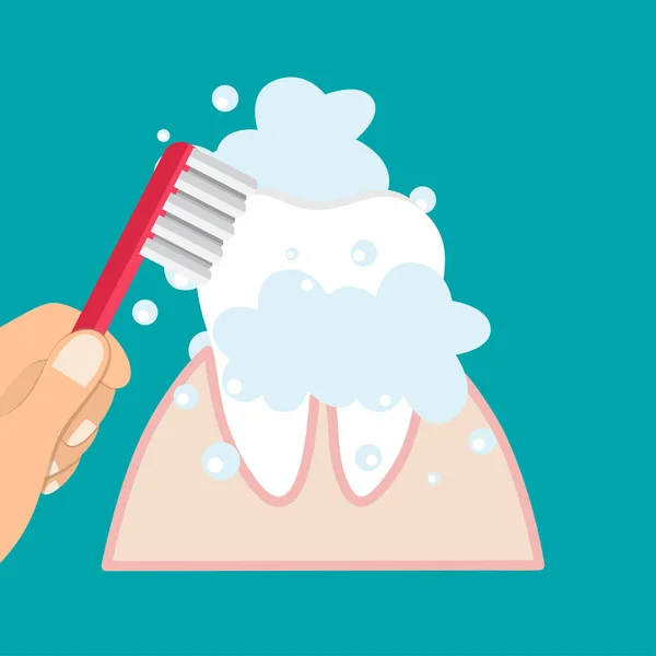 Tanden Poetsen Tandenborstel Hand Man Tandheelkundige Zorg Concept Tandpasta Belletjes — Stockvector