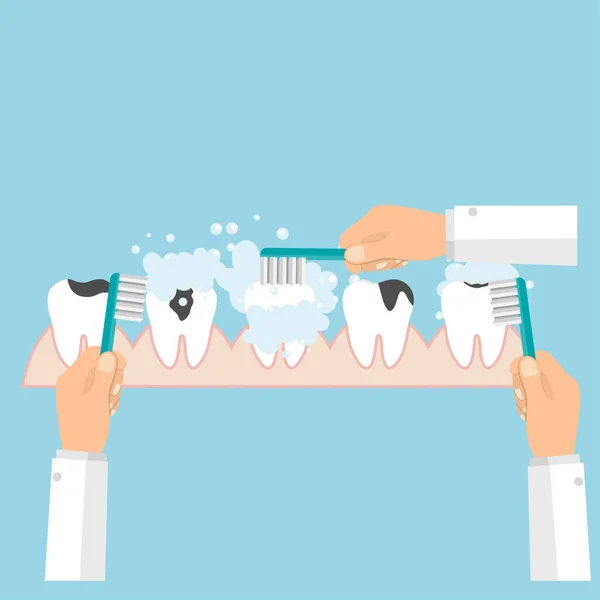 Szczotkowanie Zębów Szczoteczka Zębów Trzymana Dłoni Koncepcja Opieki Dentystycznej Pęcherzyki — Wektor stockowy