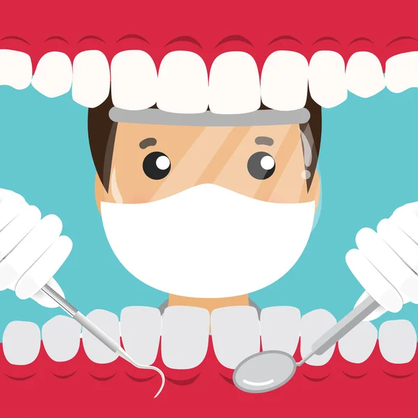 Dentysta Trzyma Przyrządy Bada Zęby Pacjenta Usta Pacjenta Polu Widzenia — Wektor stockowy