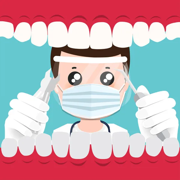 Diş Hekimi Aletleri Tutuyor Hasta Dişlerini Inceliyor Hasta Ağzı Içeride — Stok Vektör