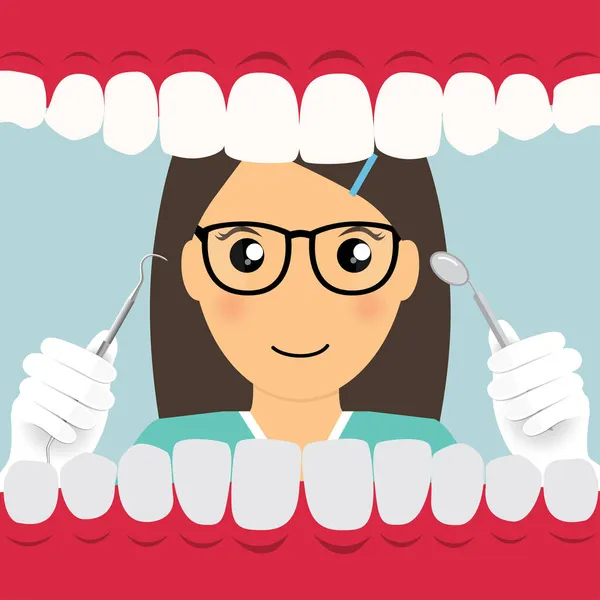 歯医者は器具を保持し 患者の歯を調べる 患者の口の中のビュー 歯の検査歯科の概念 — ストックベクタ