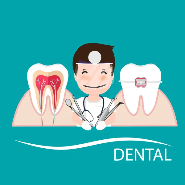 Zahnarzt Mit Instrumenten Zur Zahnärztlichen Behandlung Zahnärztliches Konzept Der Zahnuntersuchung — Stockvektor