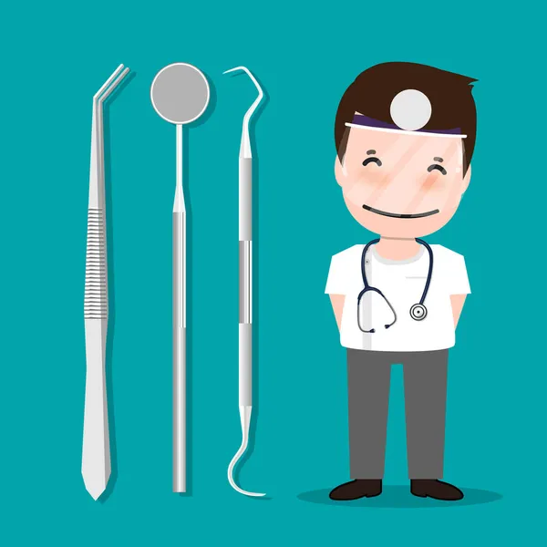 Zahnarzt Mit Instrumenten Zur Zahnärztlichen Behandlung Zahnärztliches Konzept Zur Zahnuntersuchung — Stockvektor