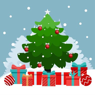 Madalyalı Noel ağacı. Mutlu Noeller ve mutlu yıllar. Vektör illüstrasyonu