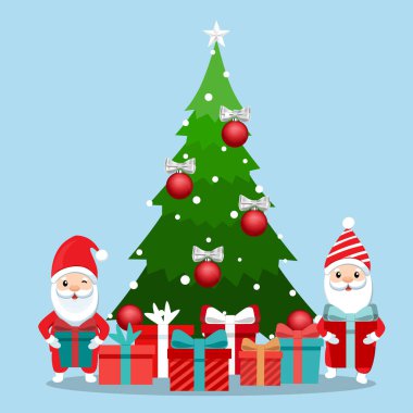 Noel Baba ve dekore edilmiş Noel ağacı. Mutlu Noeller ve mutlu yıllar. Vektör illüstrasyonu
