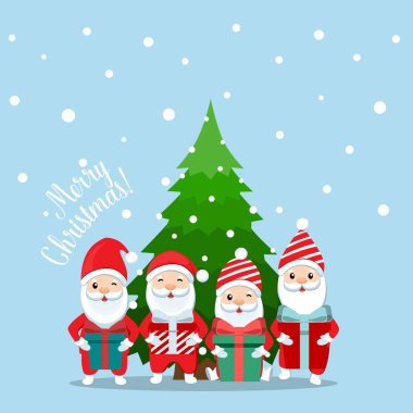 Noel Baba ve dekore edilmiş Noel ağacı. Mutlu Noeller ve mutlu yıllar. Vektör illüstrasyonu