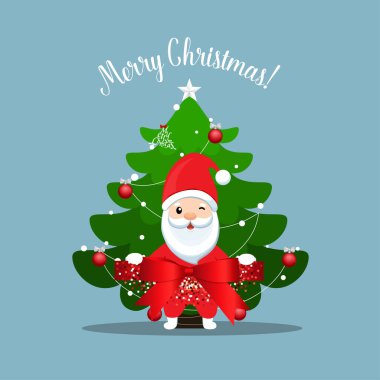 Noel Baba ve dekore edilmiş Noel ağacı. Mutlu Noeller ve mutlu yıllar. Vektör illüstrasyonu