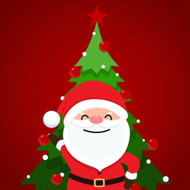 Noel Baba ve Noel ağacı. Mutlu Noeller ve mutlu yıllar. Vektör illüstrasyonu
