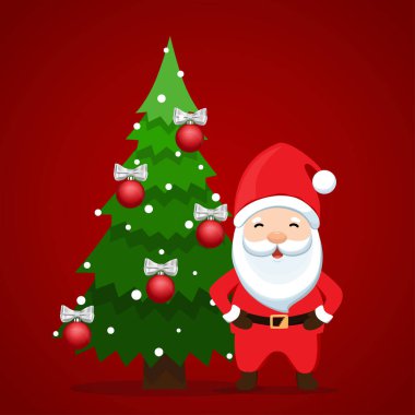 Noel Baba ve Noel ağacı. Mutlu Noeller ve mutlu yıllar. Vektör illüstrasyonu