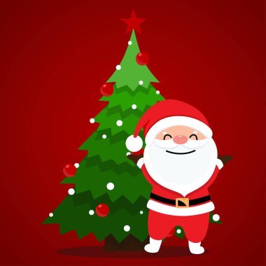 Noel Baba ve Noel ağacı. Mutlu Noeller ve mutlu yıllar. Vektör illüstrasyonu